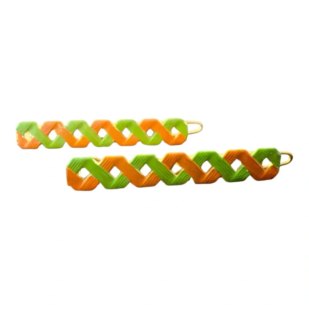 Vintage 70’s Retro French Hair Clips‎ Green & Orange , Unworn